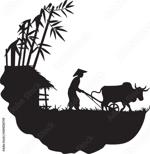Silhouette of a farmer plowing a field with a water buffalo and bamboo trees