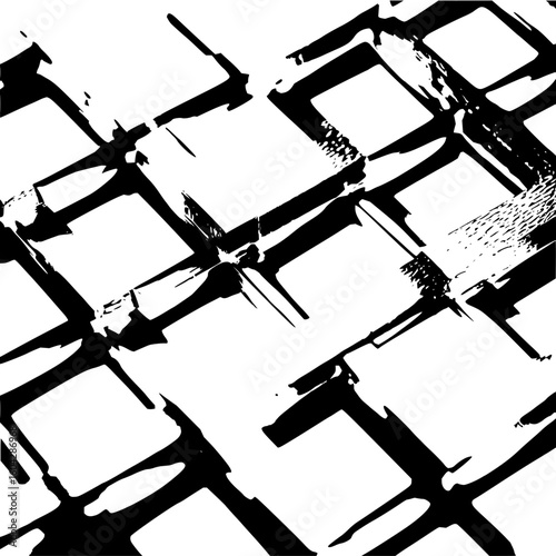 Abstract monochrome pattern of distorted squares with thick black lines on a white background