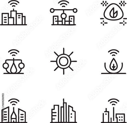 Smart city vector icon set modern outline style city skyline,wireless communication,iot,smart grid,renewable energy,sustainability,ecological technology,urban infrastructure