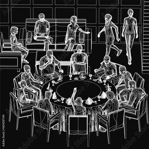 A group of people sits around a round table in a restaurant, engaged in conversation with glasses and objects scattered across the surface. The black and white composition highlights strong contours.