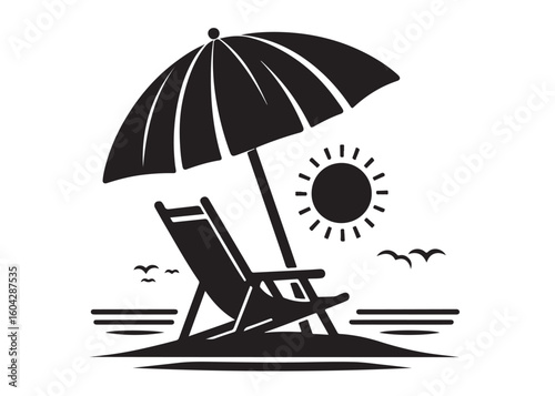 beach chair under umbrella logo silhouette vector, beach chair under sun with umbrella logo, tropical beach sunset scene palm trees beach chair and umbrella logo vector silhouette on white background