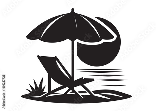 beach chair under umbrella logo silhouette vector, beach chair under sun with umbrella logo, tropical beach sunset scene palm trees beach chair and umbrella logo vector silhouette on white background