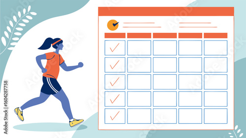 Woman running with a calendar showing completed tasks and leaf design in the background illustration