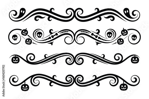 
Set of four decorative Halloween-themed ornamental dividers with ornate borders with ghosts, skulls, and pumpkins, with spooky motifs swirls 

