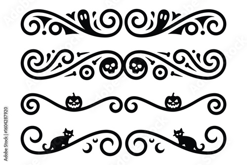 
Set of four decorative Halloween-themed ornamental dividers with ornate borders with ghosts, skulls, and pumpkins, with spooky motifs swirls 

