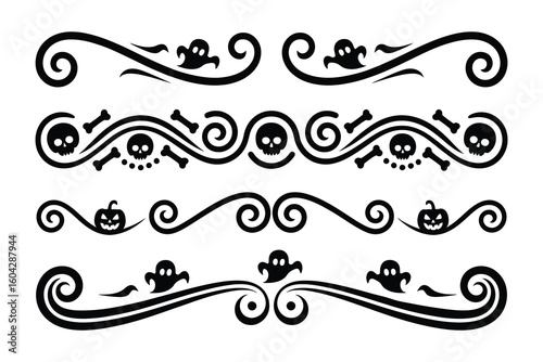 
Set of four decorative Halloween-themed ornamental dividers with ornate borders with ghosts, skulls, and pumpkins, with spooky motifs swirls 

