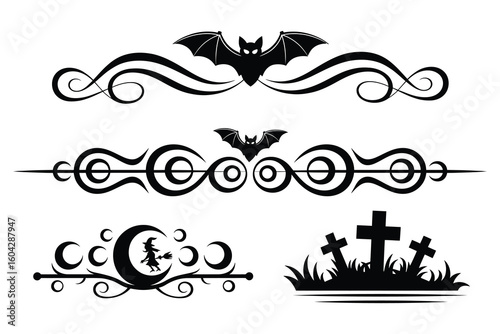 
Set of four Halloween-themed decorative elements with bats, a witch crescent moon broomstick, and gravestone motifs swirls 
