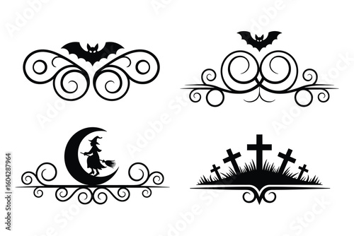 
Set of four Halloween-themed decorative elements with bats, a witch crescent moon broomstick, and gravestone motifs swirls 
