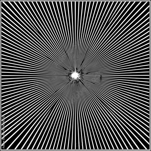 Optical illusion of radiating white lines from a central point on a black background design