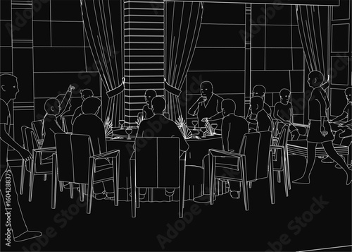 A group of people sit around a restaurant table in a black and white contour illustration. Glasses and objects are placed on the table, while curtains and a wall form the background.