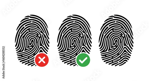 Illustration of fingerprint identification with approval and rejection symbols isolated on transparent background