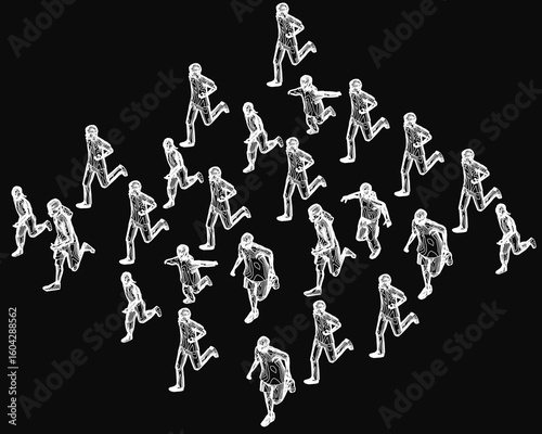 A group of runners in silhouette form a dynamic line on a black background, their limbs in motion conveying speed and determination. The stark contrast highlights their energetic strides and focused.