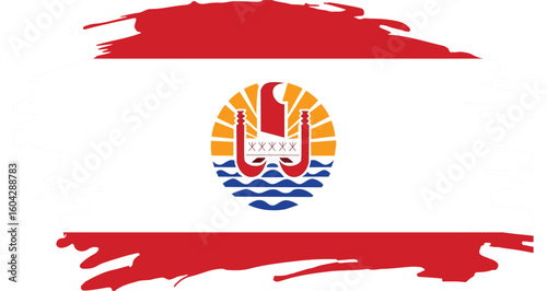 grunge brush stroke illustration of french polynesia national flag with canoe emblem and ocean wave symbol

