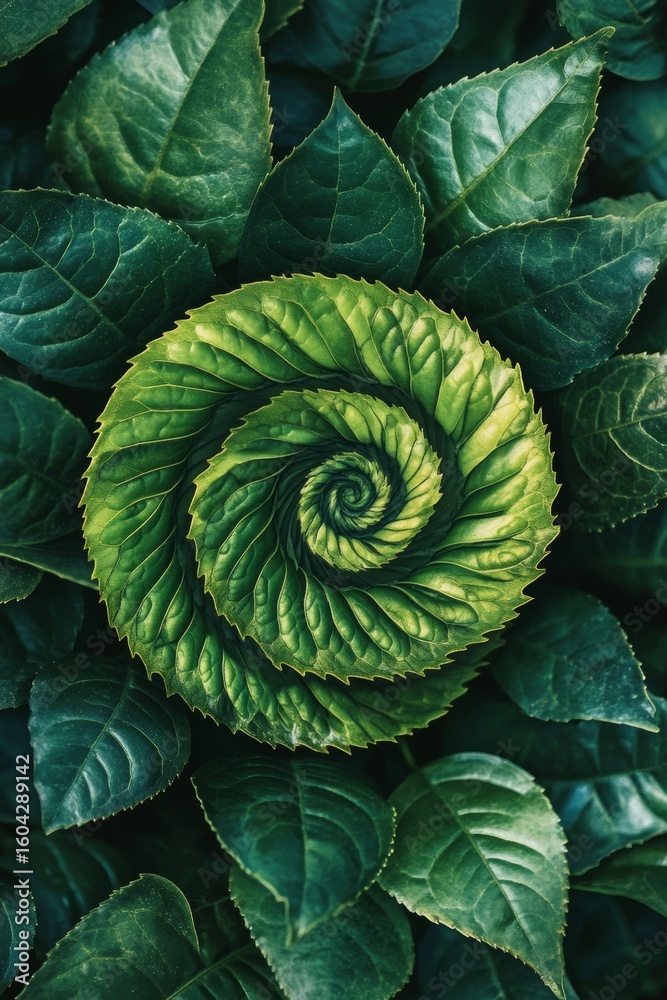 Obraz premium Close-up of Captivating Verdant Tea Plant Foliage Arranged in Spiraling Form Amidst Lush Greenery