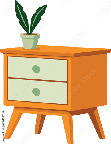 Wooden nightstand with drawers and potted plant