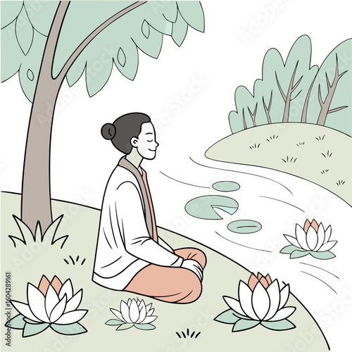 A person meditating by a river with lotus flowers and trees in a serene and peaceful natural setting