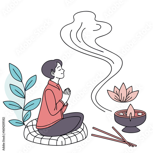 Illustration of a meditating person with incense, lotus flower, and plant in a peaceful setting scene