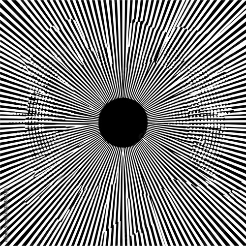 Black circle surrounded by radiating white and black lines with distorted patterned areas on sides