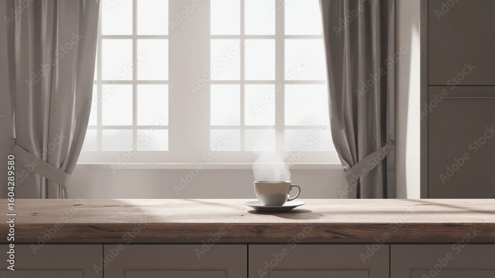 Fototapeta premium A bright, clean Scandinavian-style kitchen with a large window