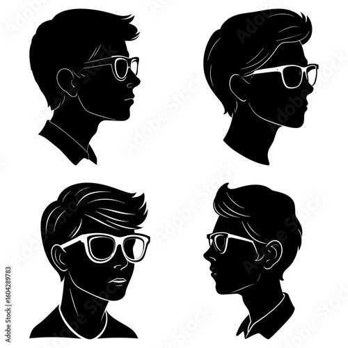 Four silhouette portraits of young men wearing glasses with varying hairstyles and necklines shown