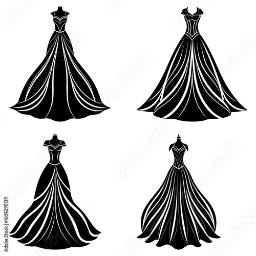 Four elegant black gowns displayed on mannequins with flowing skirts and detailed bodice designs shown