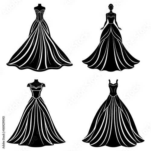 Four elegant black gowns with different bodice styles displayed in a symmetrical arrangement on white