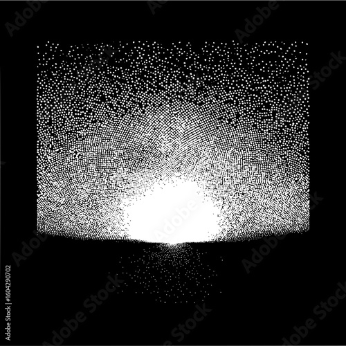 Abstract monochrome landscape with radiant light and textured dots and geometric patterns creating depth and contrast