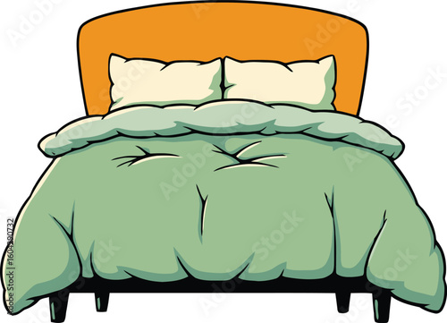 Cozy double bed with orange headboard and green duvet