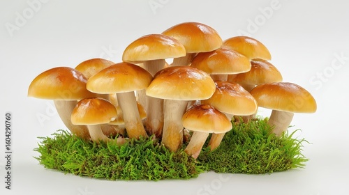 The cluster of mushrooms growing gracefully on lush green moss