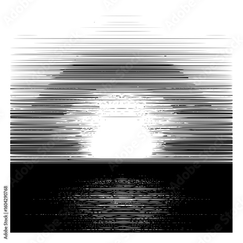 Abstract representation of light and shadow created with horizontal lines and varying densities throughout