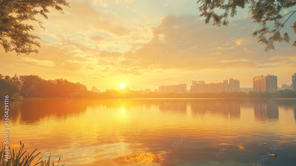 Naklejka premium Summer sunset over a lake with peaceful reflections