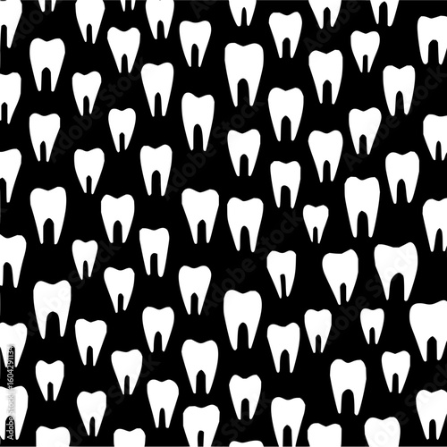 A repeating pattern of white teeth shapes on a black background creating a dental themed design art