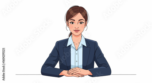 A woman in a business suit, seated and poised, with hands clasped.