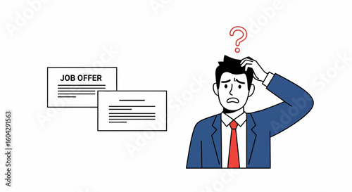 A businessman struggles with a difficult job offer decision, shown with two offer letters and a confused expression.