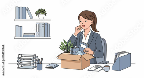 Worried businesswoman packing personal belongings into a cardboard box at her desk, phone call in progress.