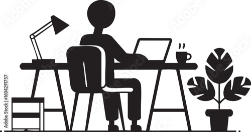Silhouette of a person working at a desk with a laptop and a plant