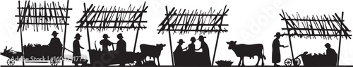 Biblical nativity scene silhouette with stable animals and figures under rustic shelters