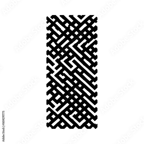 A complex black and white maze like pattern with interconnected lines and shapes creating an intricate design