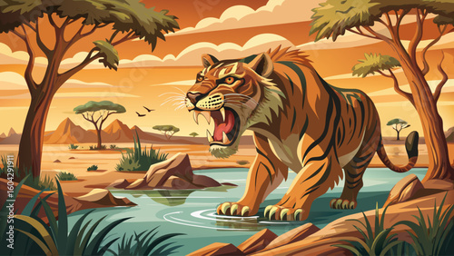 A sabertooth cat growls at intruders near a watering hole in a dry savanna under the midday sun