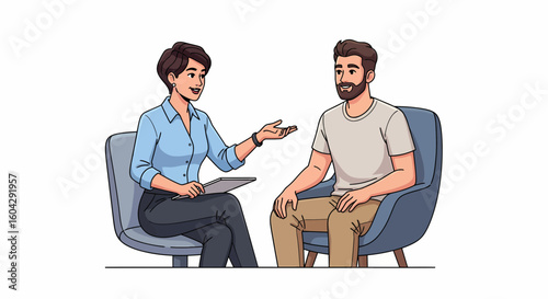 Therapist and patient in a counseling session, discussing issues and solutions.