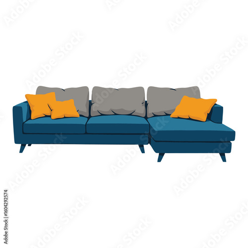 Modern blue sectional sofa with yellow pillows