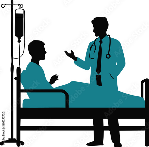 Doctor consulting with patient in hospital bed with iv drip silhouette