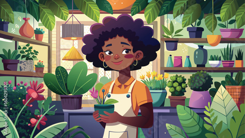 Smiling woman tending to plants in a bright greenhouse