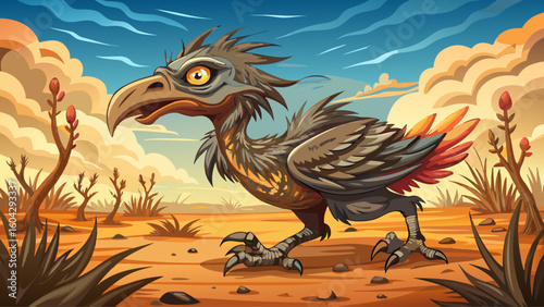 A terror bird stalks across a dry scrubland, kicking up dust as its piercing eyes scan the distance for movement