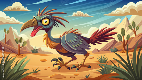 A terror bird stalks across a dry scrubland, kicking up dust as its piercing eyes scan the distance for movement