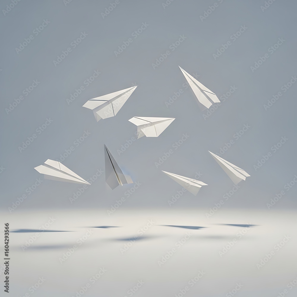 Group of white origami paper airplanes flying in the air against a minimalist background. A concept of teamwork, launch, and freedom. Group of white origami paper airplanes flying in the air against a minimalist background. A concept of teamwork, launch, and freedom.