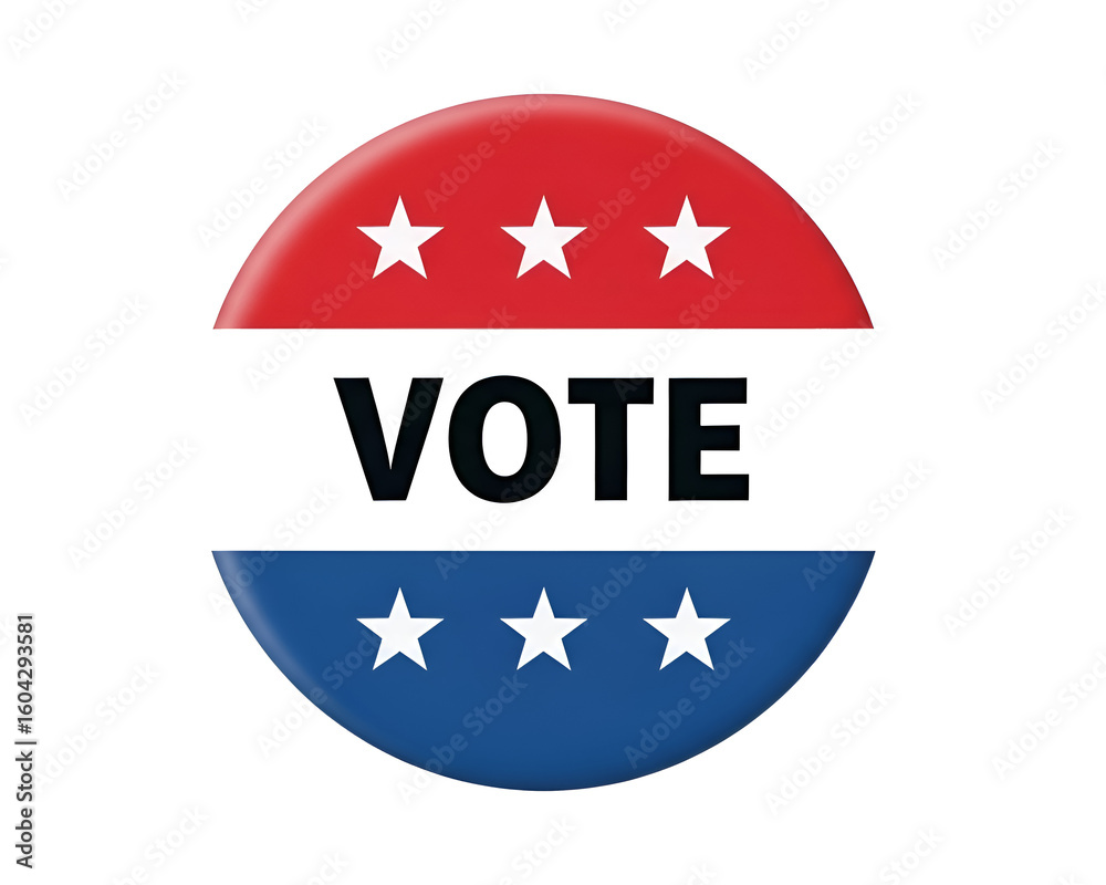 Illustration of red white and blue vote button with stars symbolizing democratic participation and elections isolated on transparent background Illustration of red white and blue vote button with stars symbolizing democratic participation and elections isolated on transparent background