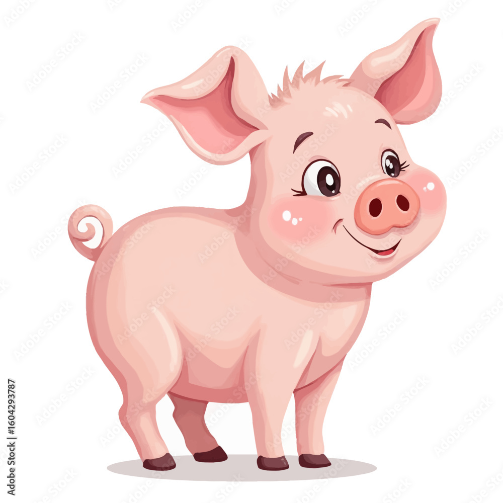 Naklejka premium A cheerful cartoon pig with a curly tail, smiling and standing on its feet.