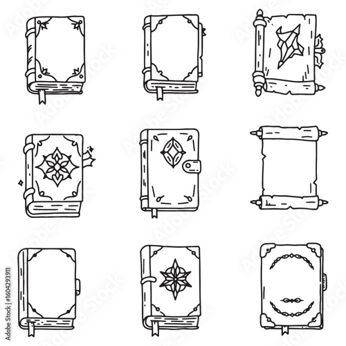 Collection of hand drawn magical books and scrolls perfect for fantasy designs and illustrations
