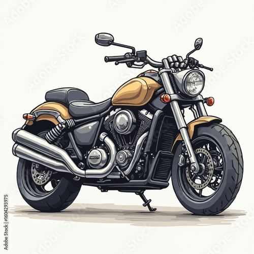 A yellow and black motorcycle is shown in a detailed illustration, angled to the right, with chrome exhaust pipes and a round headlight.